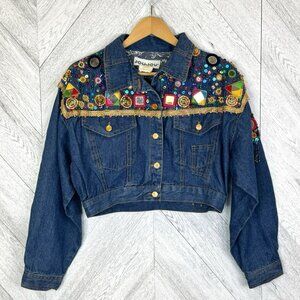 Vintage 90s Y2K Jou Jou Denim Jean Jacket Womens Medium Sequin Boxy Cropped